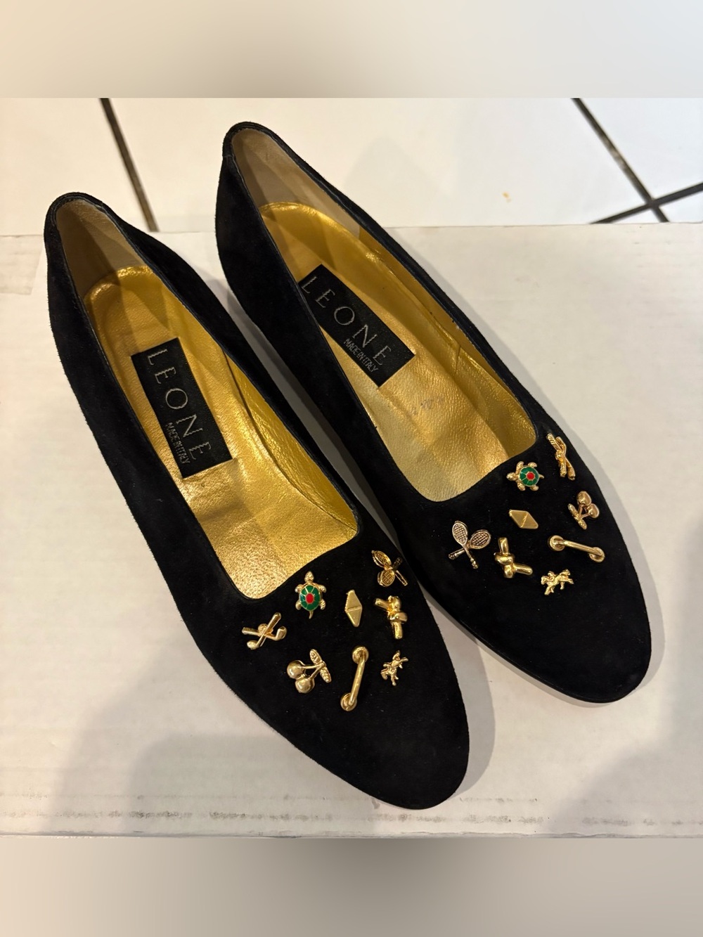EUC Leone Black Suede Charm Embellished Low Heels